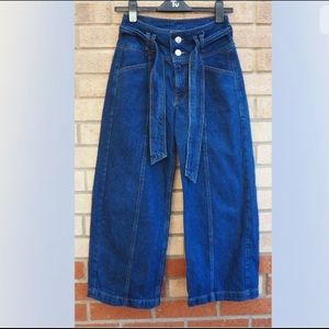 RIVER ISLAND BLUE DENIM JEANS BELTED CROPPED